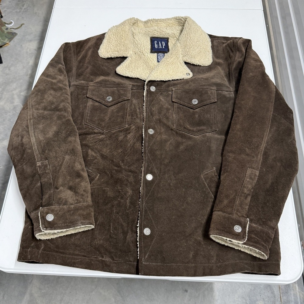 GAP Suede Sherpa Trucker Jacket Mens L Brown Excellent Vintage Western Rancher